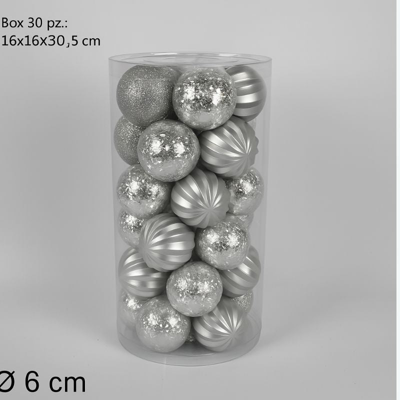 Set 30 Palle di Natale Silver Ø6 cm Decorazioni in Box PVC 6030-DIMK-02