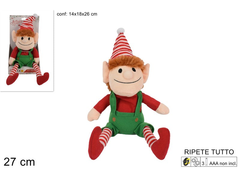 Elfo Peluche Parlante 27 cm Pupazzo Natalizio Ripete Tutto, Cappello a Strisce
