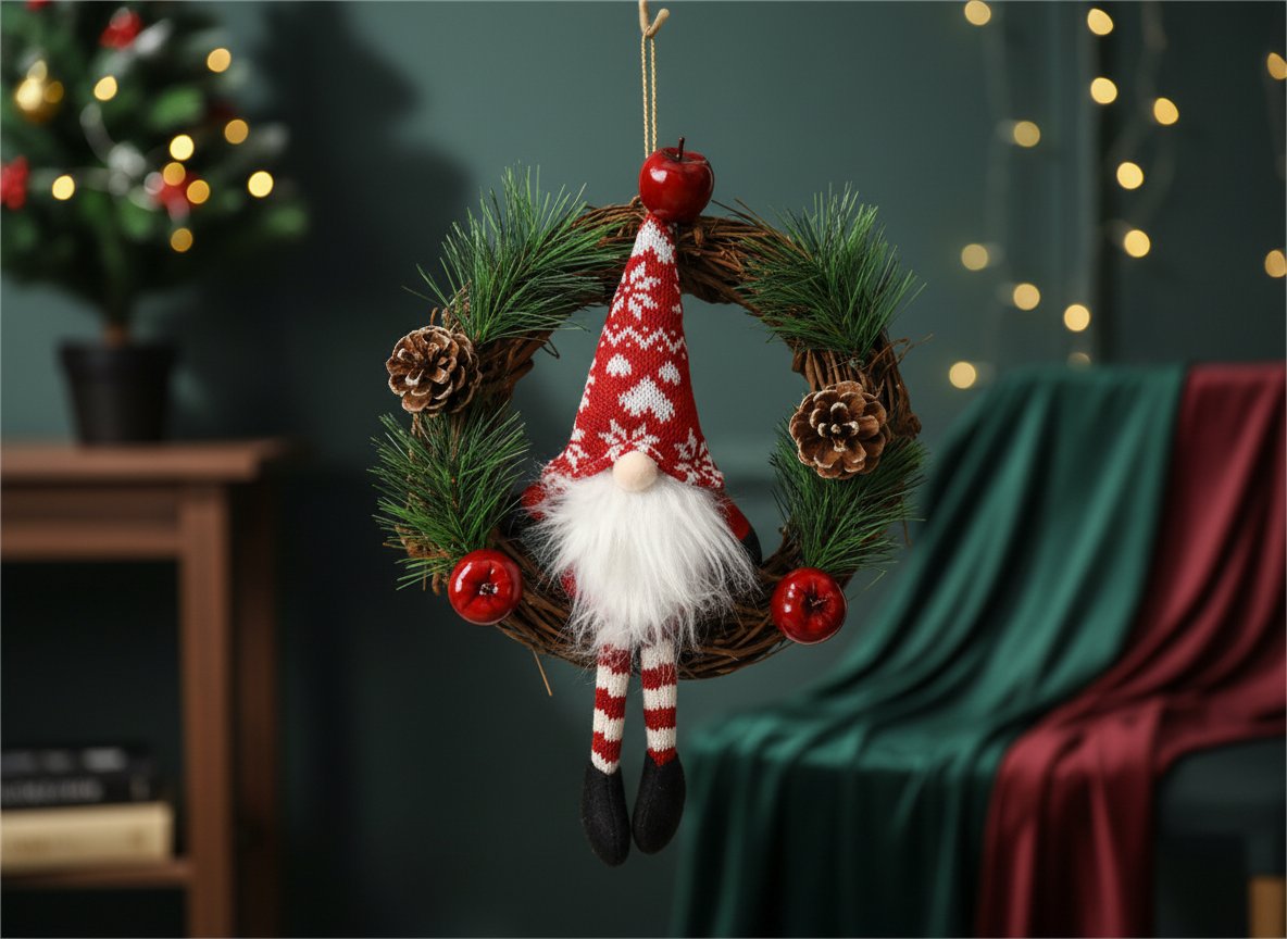 Dietroporta Babbo Natale Nordico 32 cm Decorazione Natalizia con Pigne e Bacche