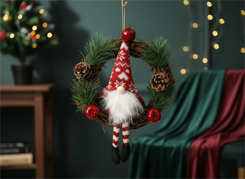 Dietroporta Babbo Natale Nordico 32 cm Decorazione Natalizia con Pigne e Bacche