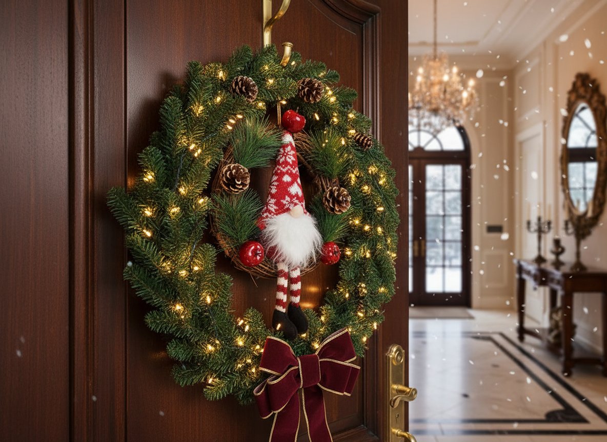 Dietroporta Babbo Natale Nordico 32 cm Decorazione Natalizia con Pigne e Bacche