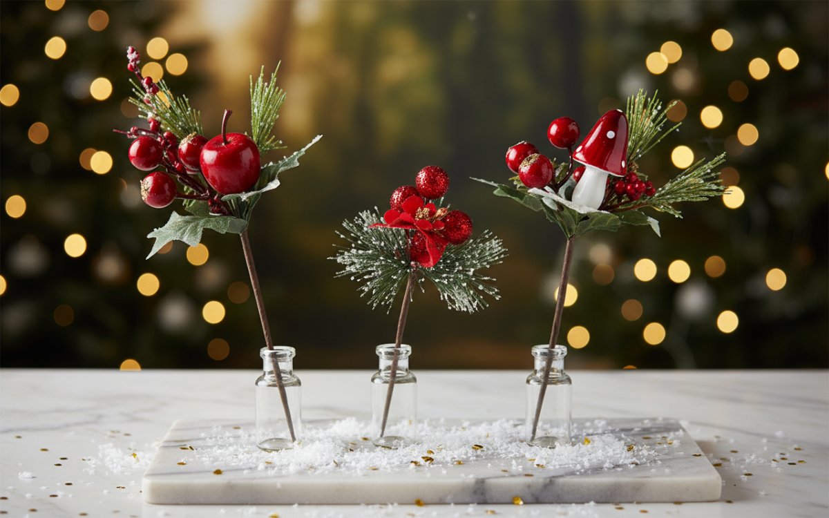 Spillone Bacche Rosse con Glitter Oro Decorazione Natalizia Modello Casuale