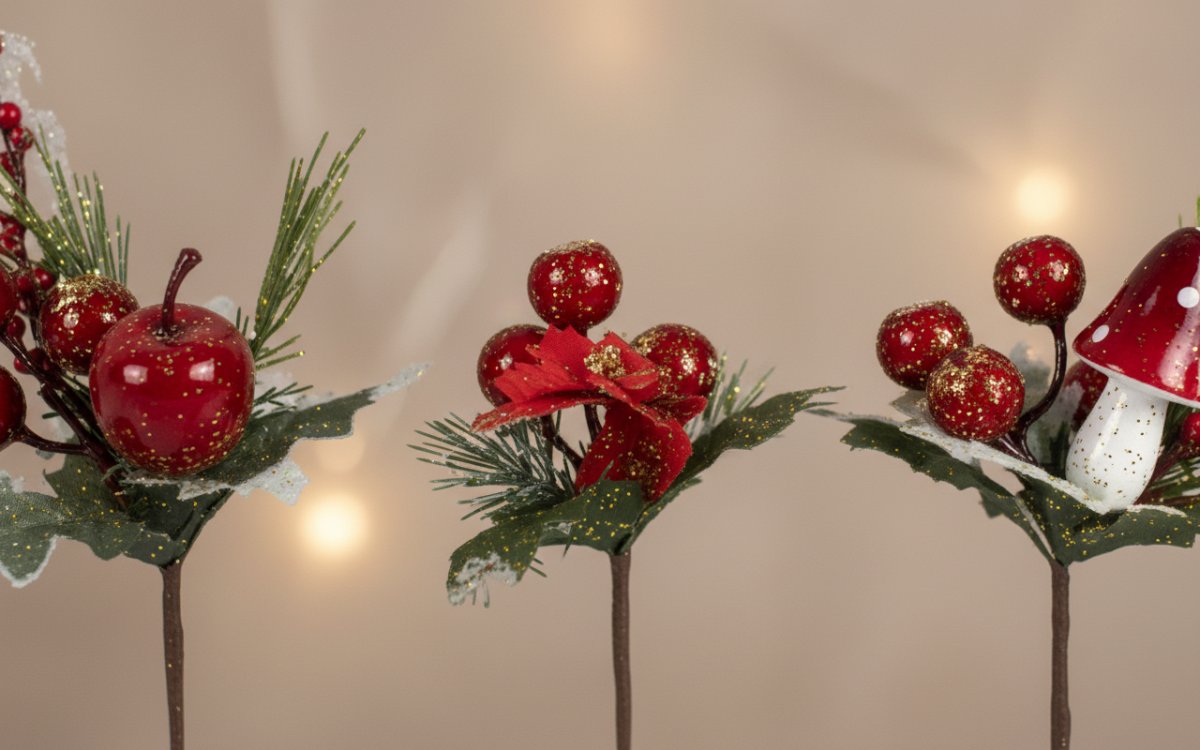 Spillone Bacche Rosse con Glitter Oro Decorazione Natalizia Modello Casuale