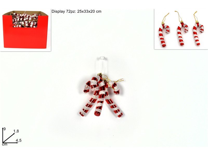 Bastoncini di Natale 9 cm Set 3 Pezzi Rosso e Bianco Glitter Decorazioni albero