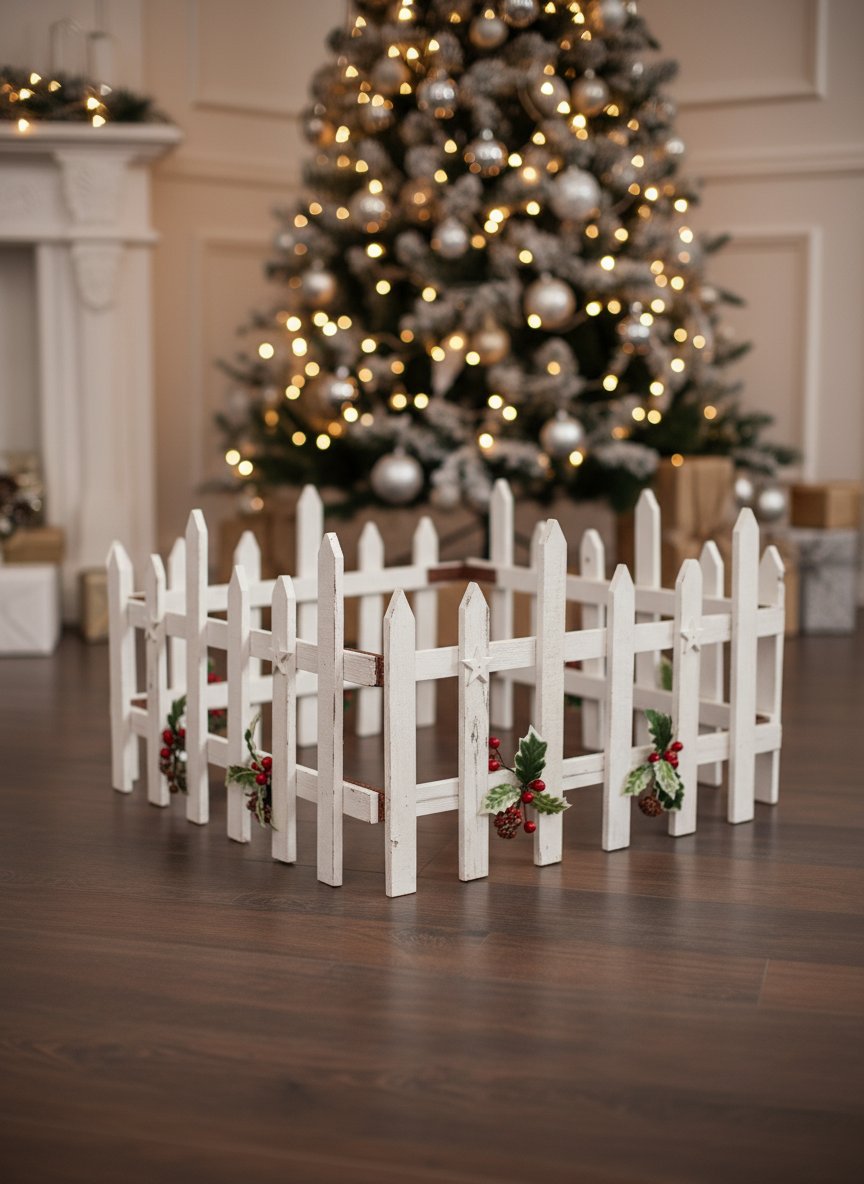 Steccato Base Albero di Natale Bianco 50x50 cm Recinzione Decorativa con Pigne