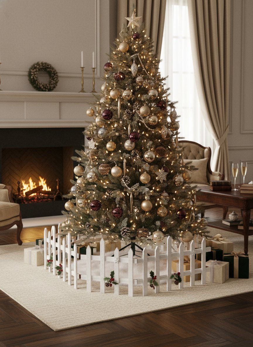 Steccato Base Albero di Natale Bianco 50x50 cm Recinzione Decorativa con Pigne