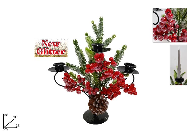 Portacandele natalizio 3 posti decorato con bacche, pigne e ghiaccio T45185B-9RW