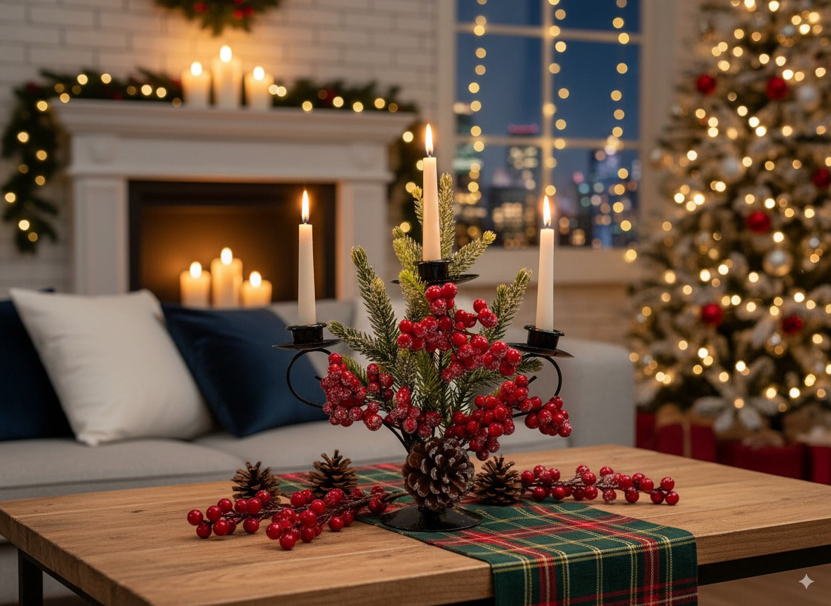 Portacandele natalizio 3 posti decorato con bacche, pigne e ghiaccio T45185B-9RW