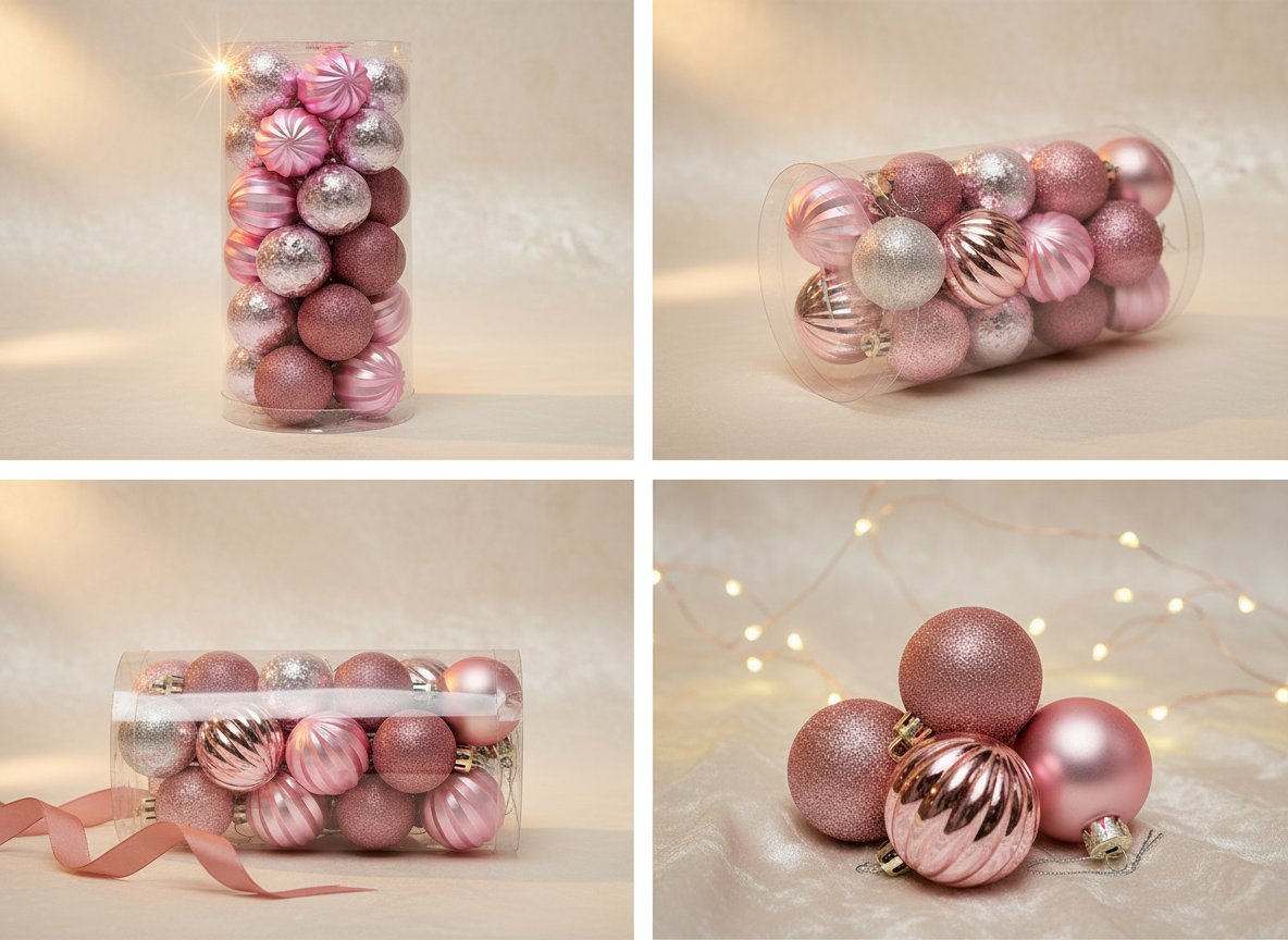 Palline di Natale Rosa Ø 6 cm Set 30 Pezzi in Box PVC Decorazioni eleganti
