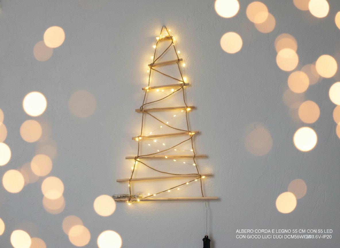 Albero di Natale in Corda e Legno 55 cm con 55 Luci LED Calde