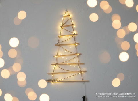 Albero di Natale in Corda e Legno 55 cm con 55 Luci LED Calde
