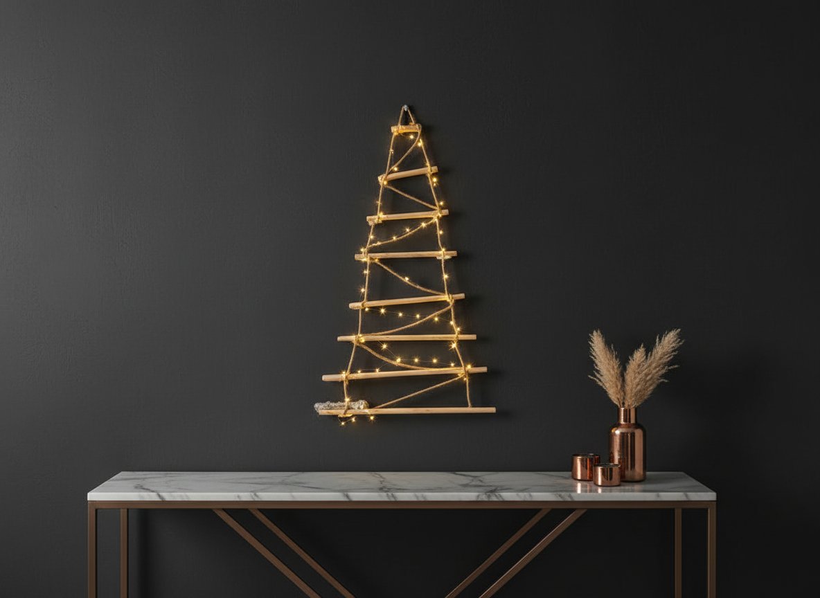 Albero di Natale in Corda e Legno 55 cm con 55 Luci LED Calde