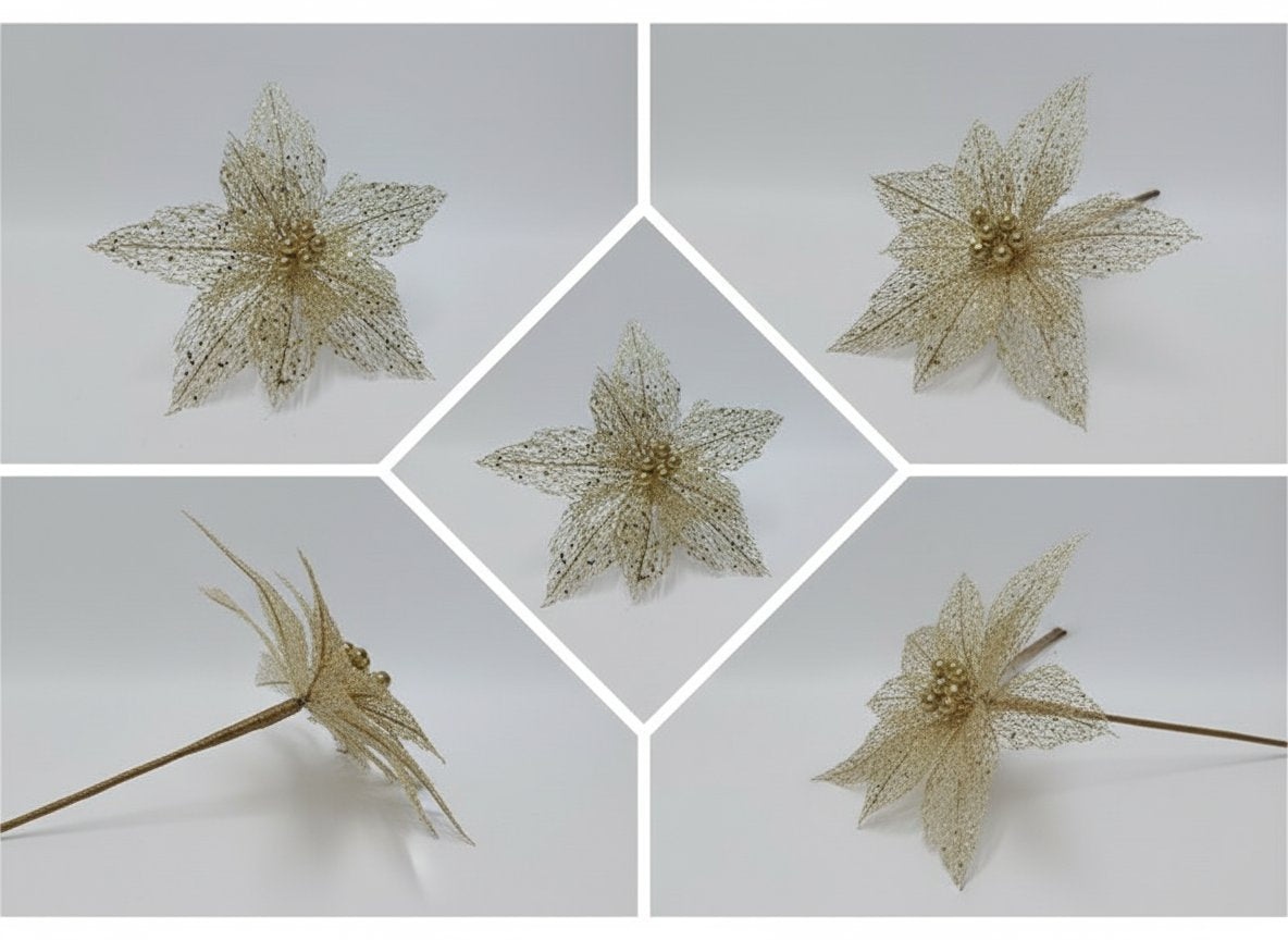 Fiore Natalizio Retinato Oro 25 cm Decorazione Elegante per Albero e Allestiment