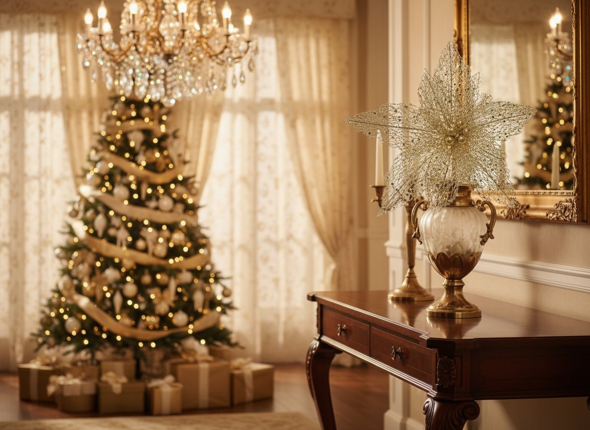 Fiore Natalizio Retinato Oro 25 cm Decorazione Elegante per Albero e Allestiment