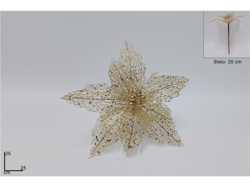 Fiore Natalizio Retinato Oro 25 cm Decorazione Elegante per Albero e Allestiment