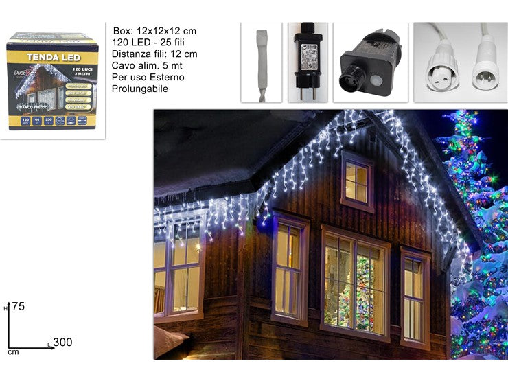 Tenda luminosa 120 LED bianco freddo 3 mt Natale ed esterni DFDIK-120LED-W-IP4