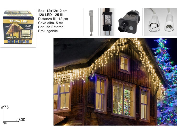 Tenda luminosa 120 LED bianco caldo 3 metri Natale ed esterni DFDIK120LED-WW-IP4