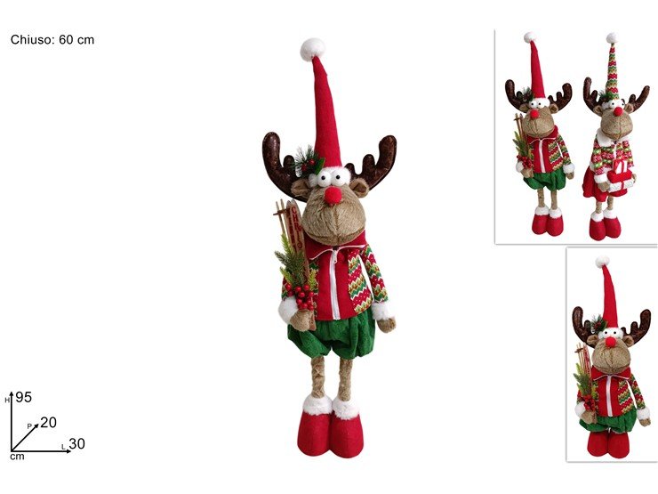 Renna Natalizia Estensibile 95 cm con Vestito in Lana Rosso/Verde color casuale
