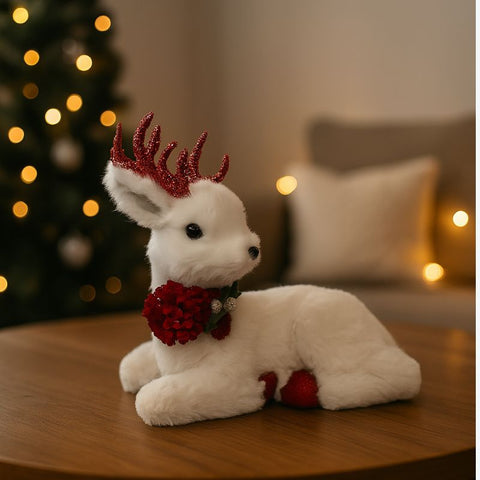 Renna Seduta 23 cm con Paillettes Rosse Decorazione Natalizia Elegante