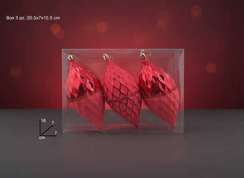 Palle Goccia 16 cm Rosso Lucido con Decoro set 3 Pezzi Decorazioni Albero di Nat