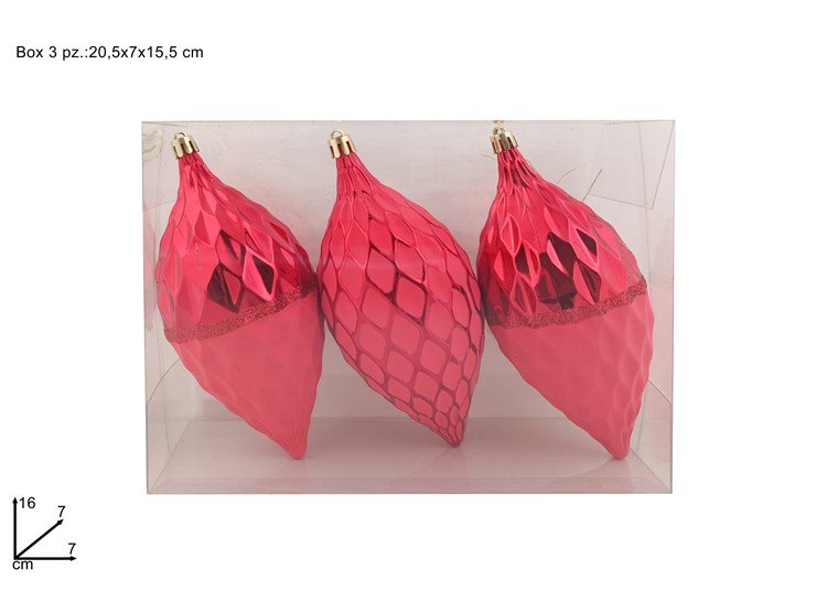 Palle Goccia 16 cm Rosso Lucido con Decoro set 3 Pezzi Decorazioni Albero di Nat