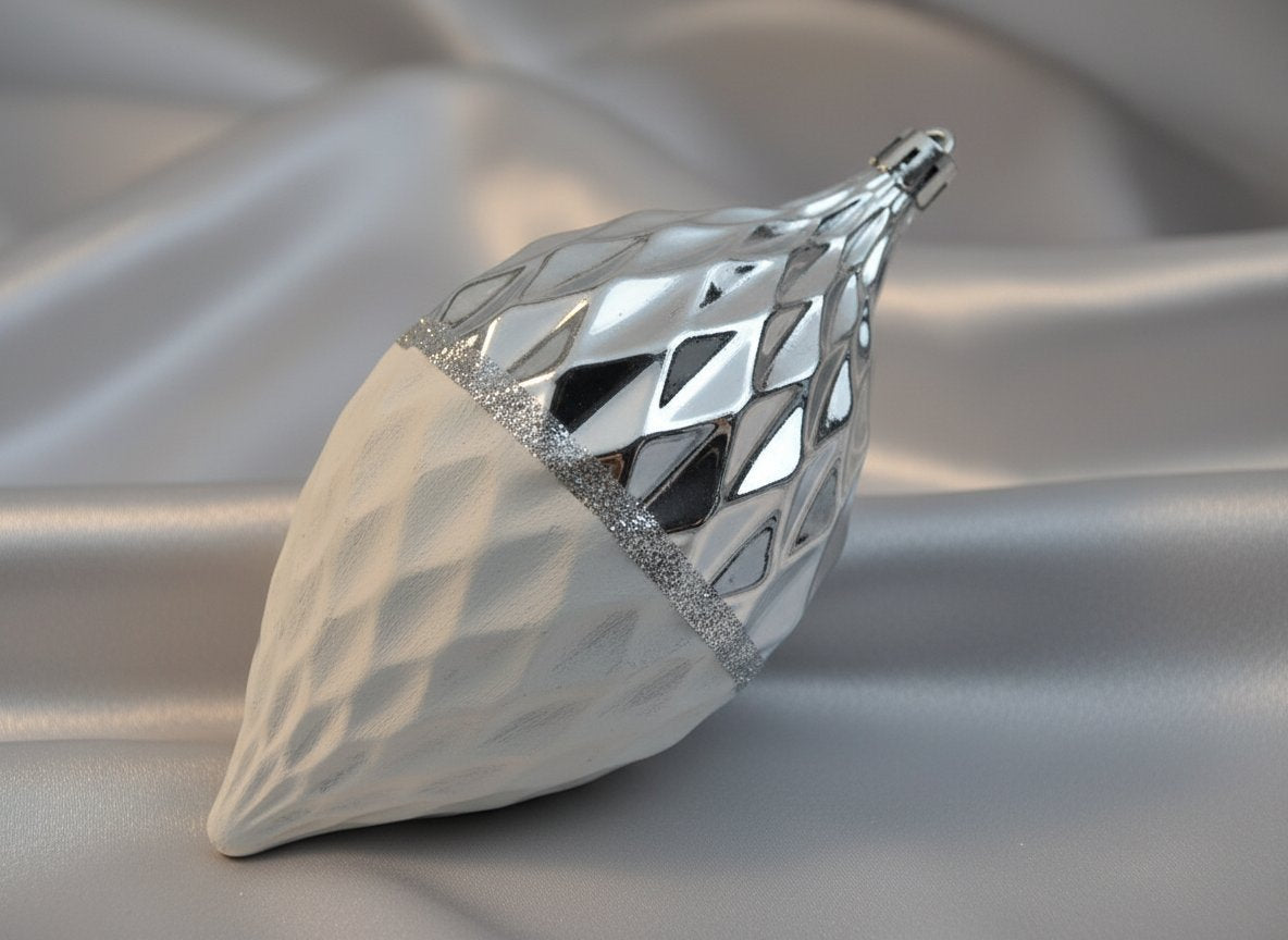 Palle Goccia Natale 16cm Argento Lucido con Decoro Bianco  Set 3pz