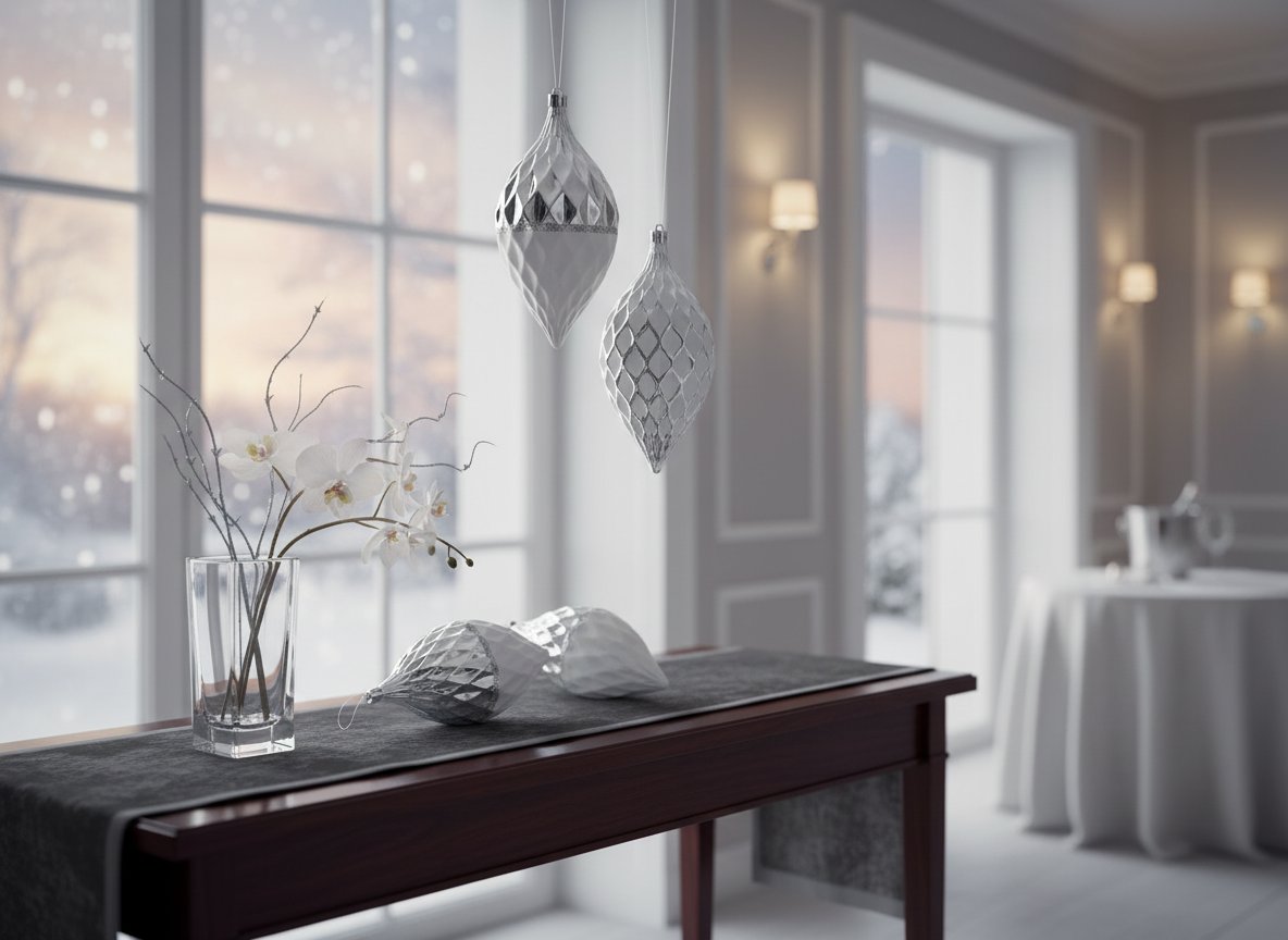 Palle Goccia Natale 16cm Argento Lucido con Decoro Bianco  Set 3pz