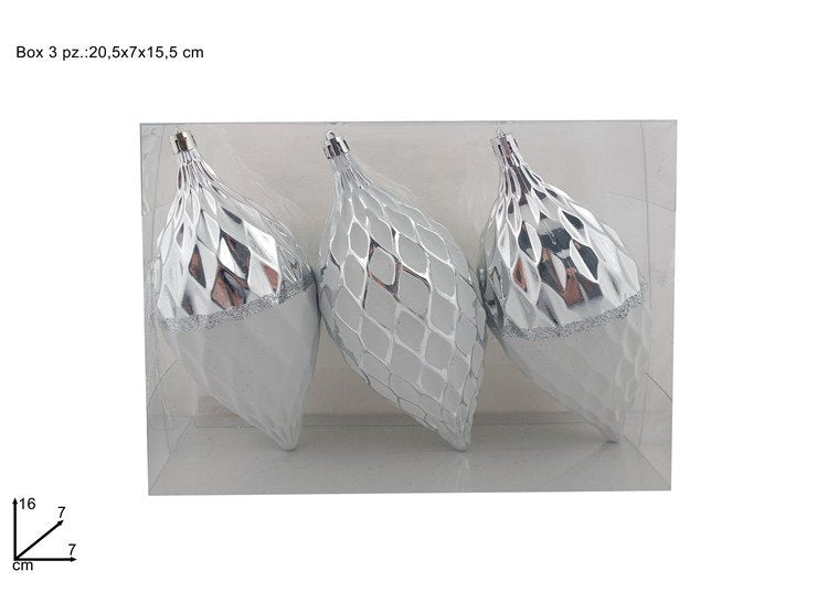 Palle Goccia Natale 16cm Argento Lucido con Decoro Bianco  Set 3pz