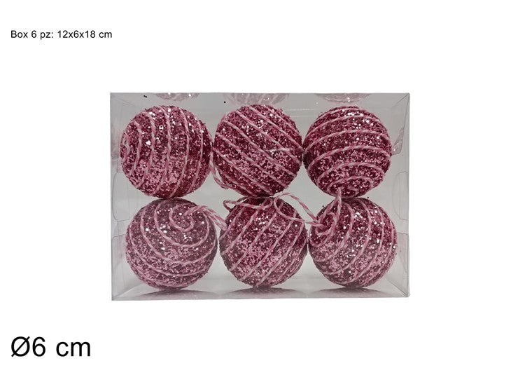 Set 6 palline rosa 6 cm con cordoncino in box PVC XNA23059391 Decorazioni natale