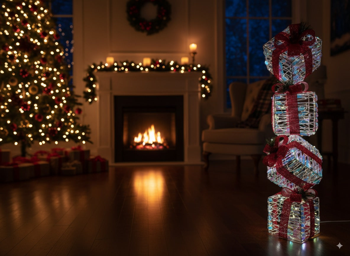 Pacchi regalo Rainbow con fiocco rosso e luci a batteria Decorazioni luminose