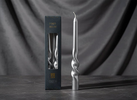 Candele Torciglione 25 cm Silver Set 2 Pezzi Laminati in Box Candele Decorative