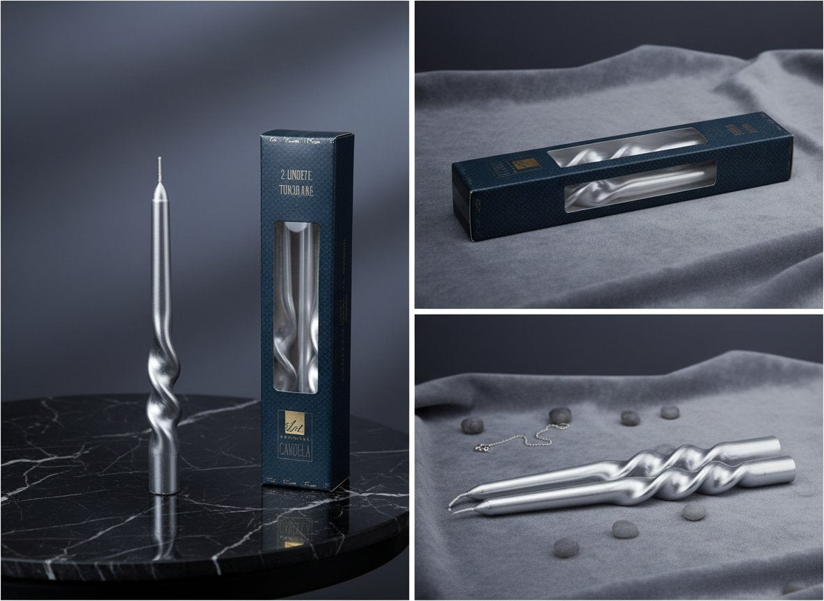 Candele Torciglione 25 cm Silver Set 2 Pezzi Laminati in Box Candele Decorative