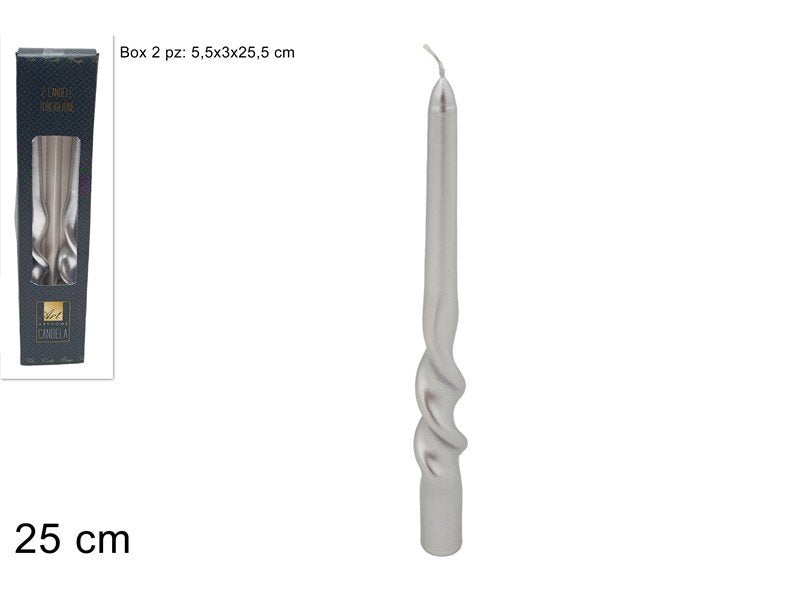 Candele Torciglione 25 cm Silver Set 2 Pezzi Laminati in Box Candele Decorative