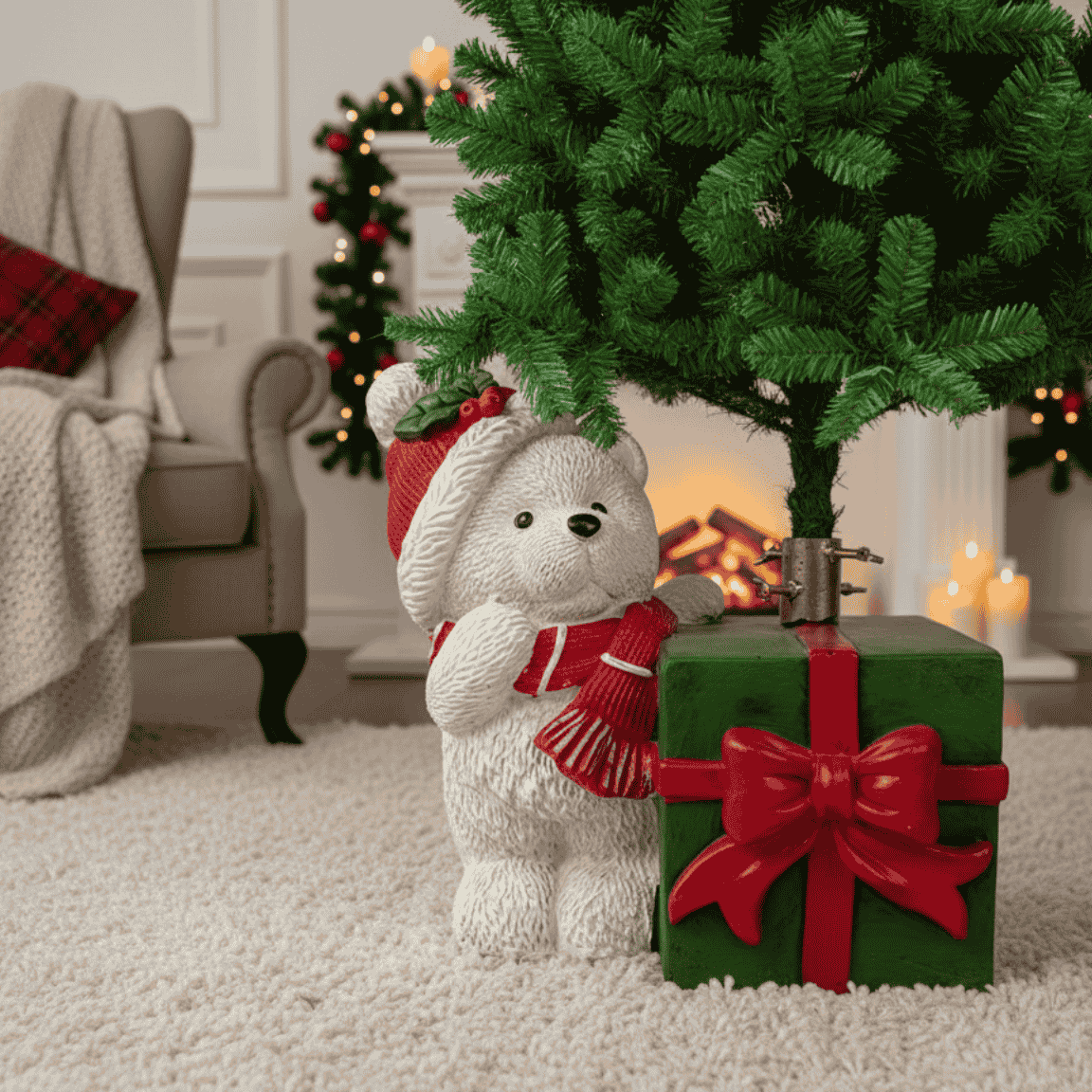 Base Albero di Natale Orsetto Bianco con Pacco Regalo  Supporto Decorativo ZML2