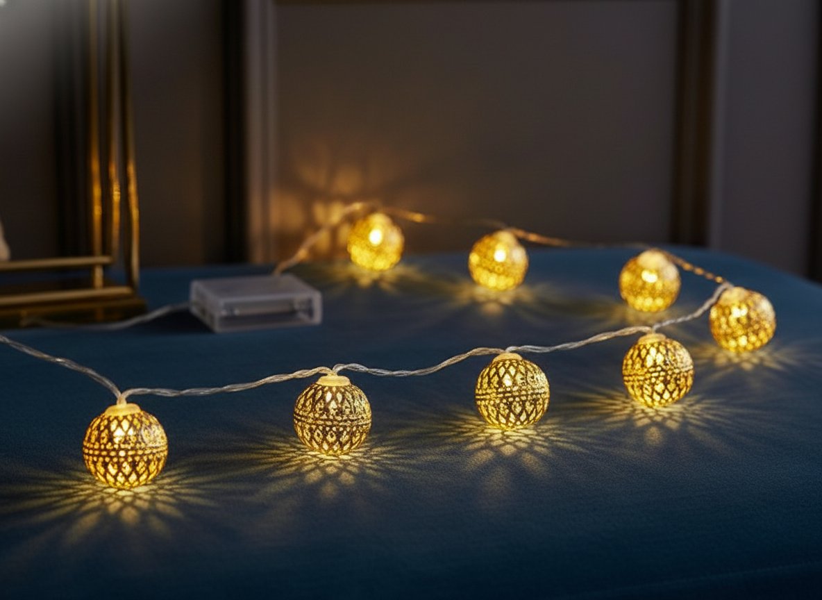 Filo 10 LED con Palline Oro 2,5 cm  1 m a Batterie, Decorazione Luminosa