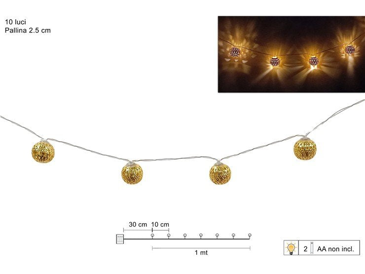 Filo 10 LED con Palline Oro 2,5 cm  1 m a Batterie, Decorazione Luminosa