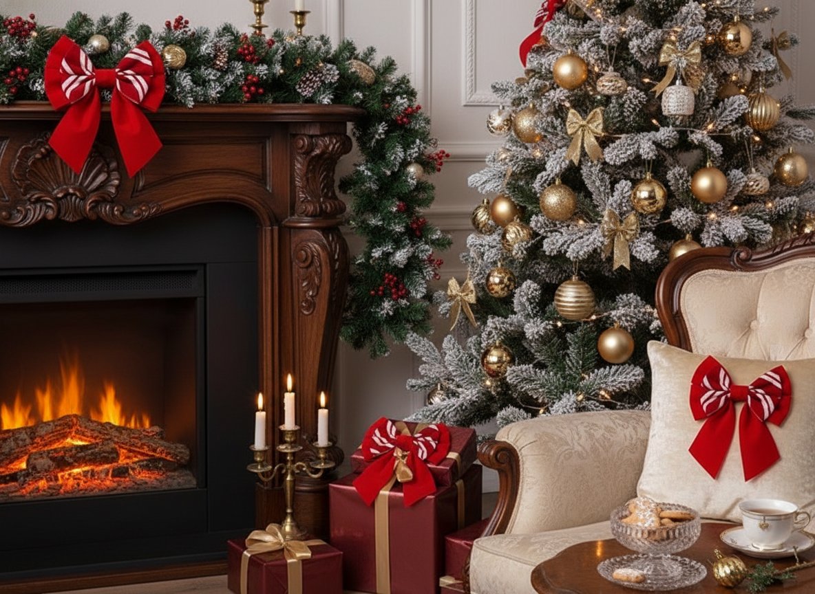 Fiocchi Doppi in Velluto 11 cm Bicolore Rosso/Bianco  Set 3 Pezzi