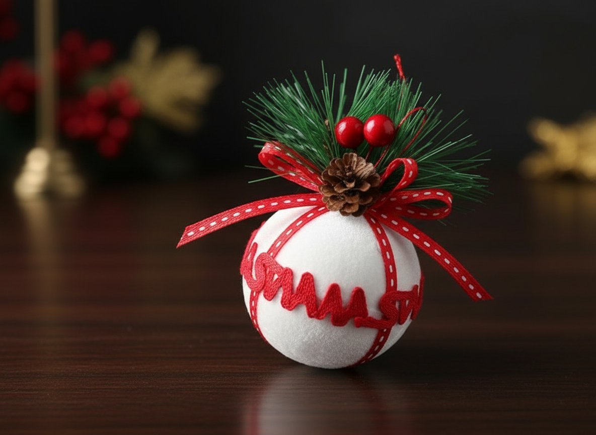 Palline Natale 6 cm Velutate Bianche con Bacche e Fiocco Merry Christmas