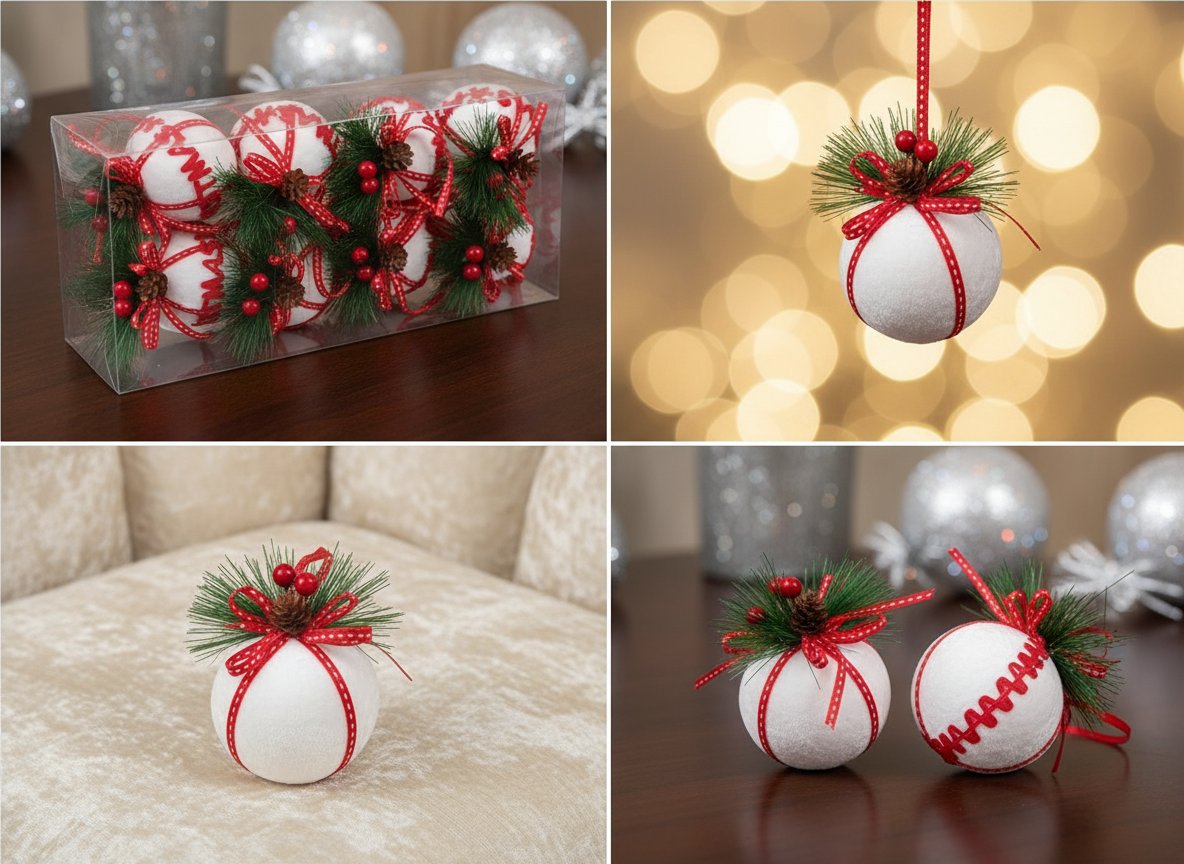 Palline Natale 6 cm Velutate Bianche con Bacche e Fiocco Merry Christmas