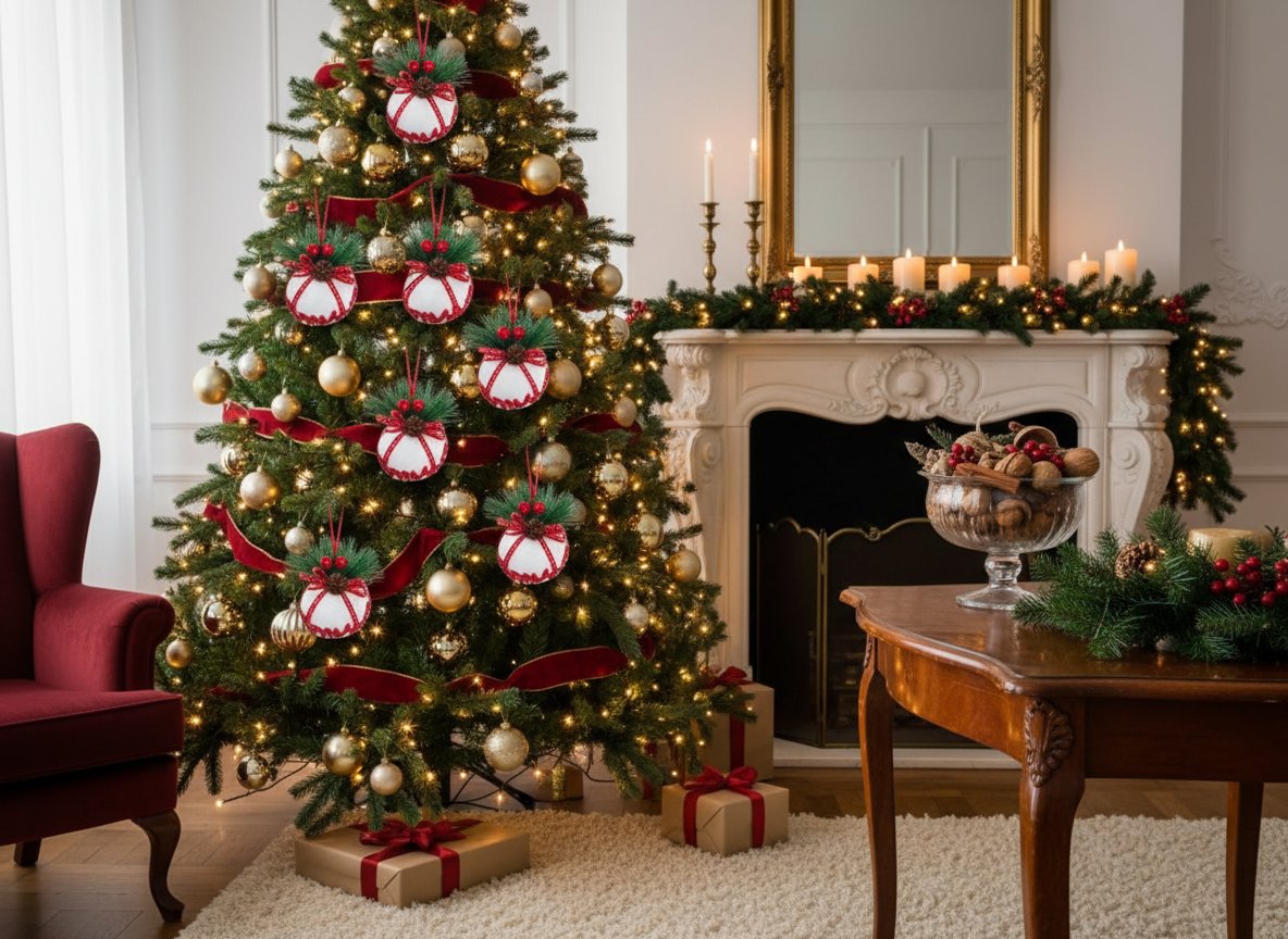 Palline Natale 6 cm Velutate Bianche con Bacche e Fiocco Merry Christmas