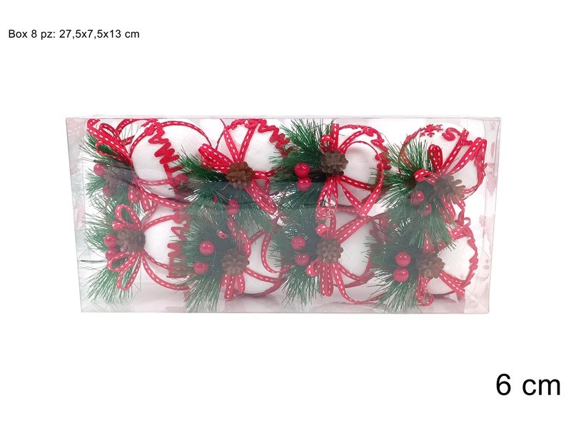 Palline Natale 6 cm Velutate Bianche con Bacche e Fiocco Merry Christmas