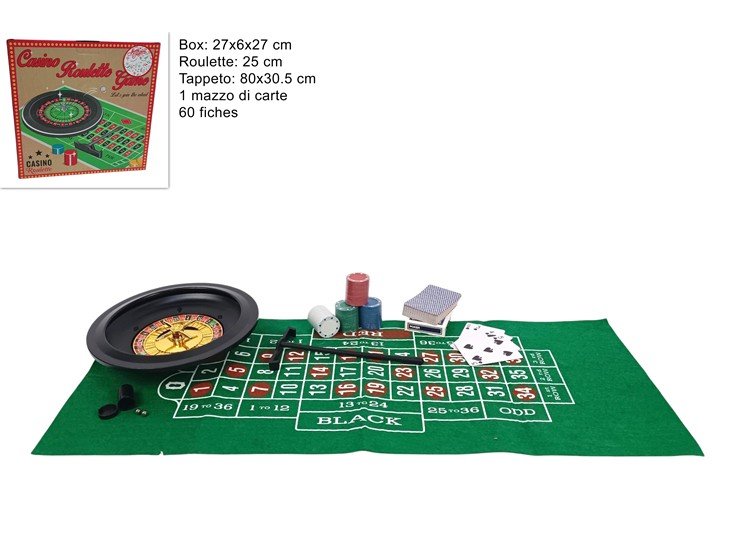 Gioco Roulette 25 cm con Set Casinò Completo  Carte, Fiches e Tappeto