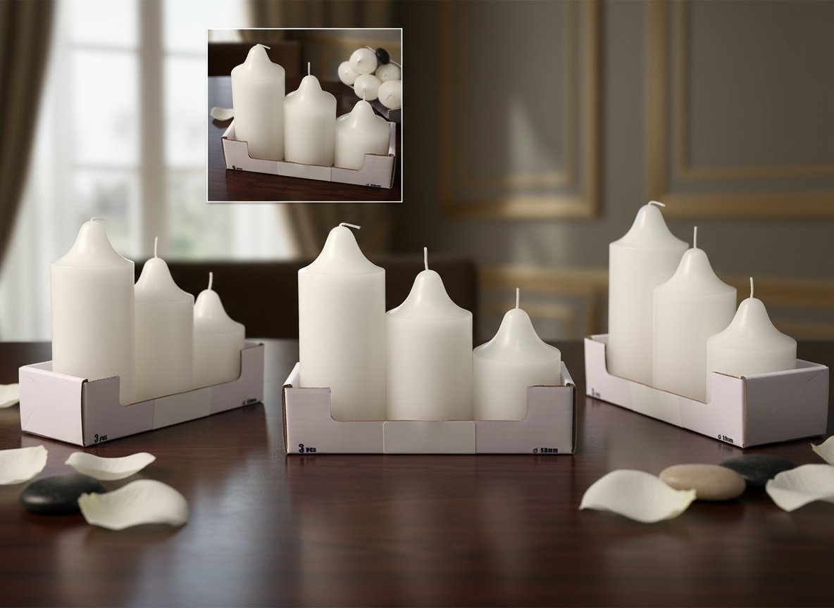 Set 3 Candele Bianche Decorative  Diverse Misure Ø 50 mm |