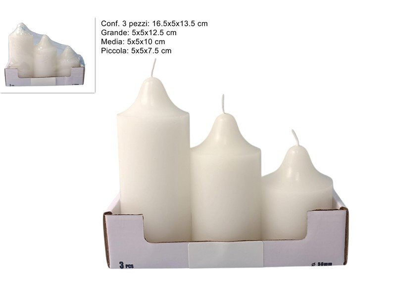 Set 3 Candele Bianche Decorative  Diverse Misure Ø 50 mm |