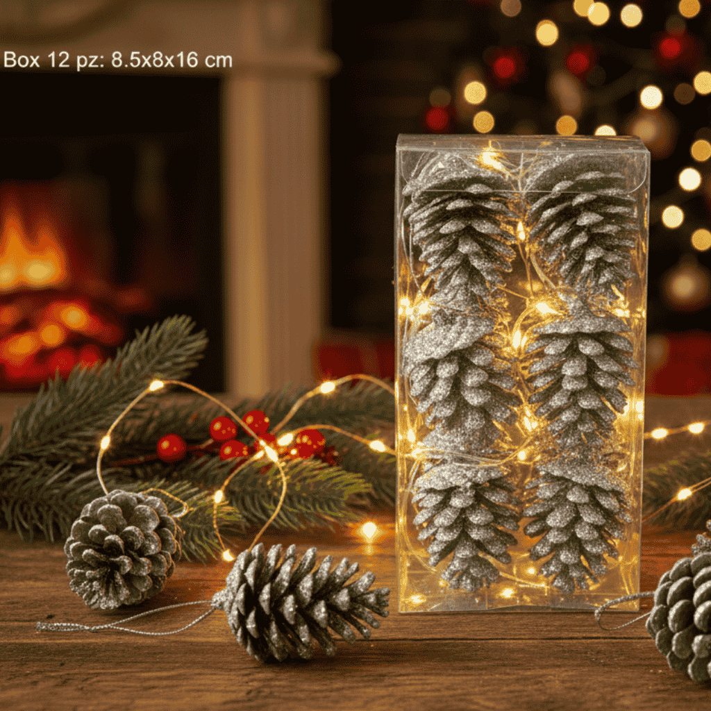 Appendino Pigne Glitterate Argento Set 12 Pezzi Decorazioni Natalizie  FL-186