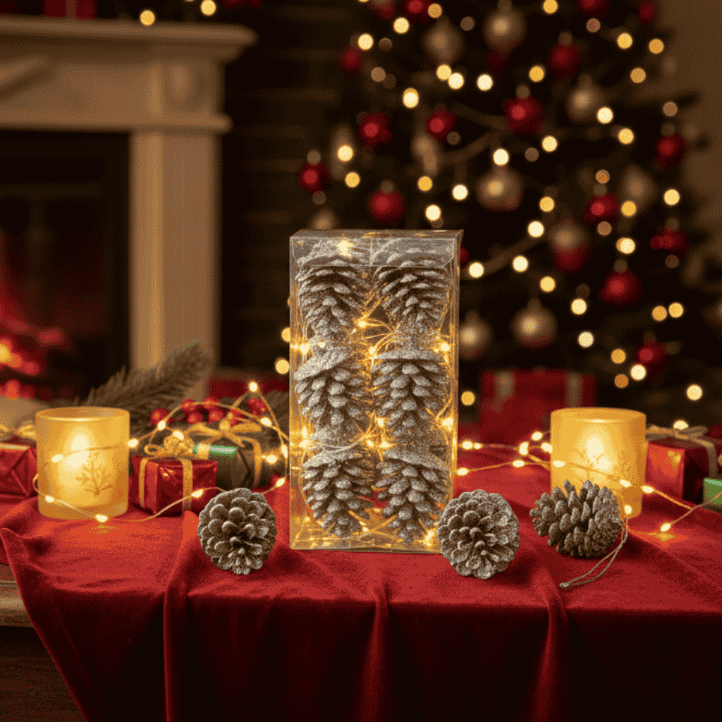 Appendino Pigne Glitterate Argento Set 12 Pezzi Decorazioni Natalizie  FL-186