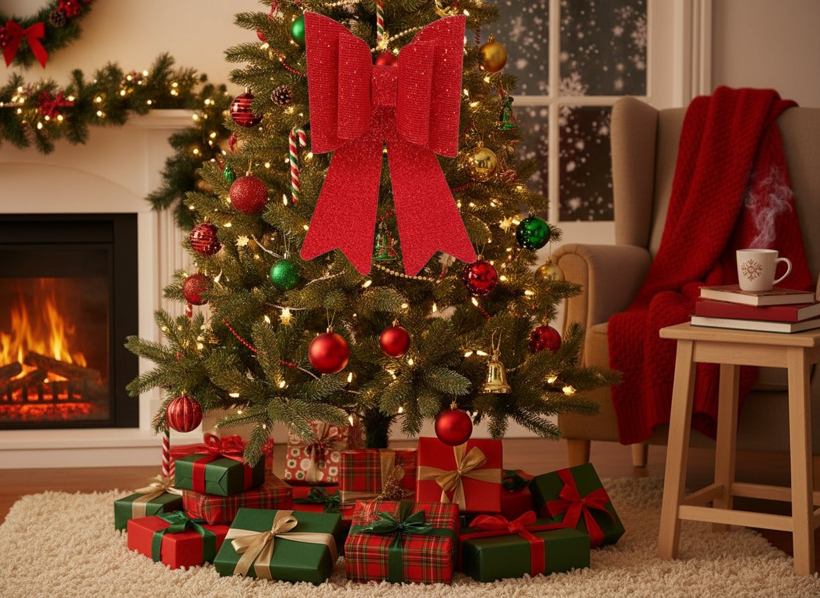 Fiocco Doppio Glitterato a Quadretti Rosso 24 cm  Decorazione Natalizia