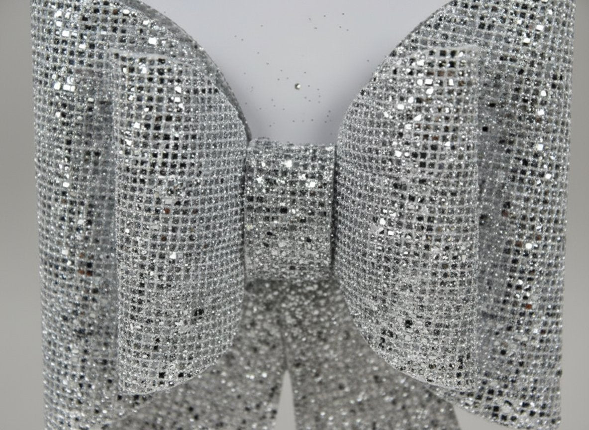 Doppio Fiocco Glitterato a Quadretti 24 cm Silver Decorazione Natalizia Elegante