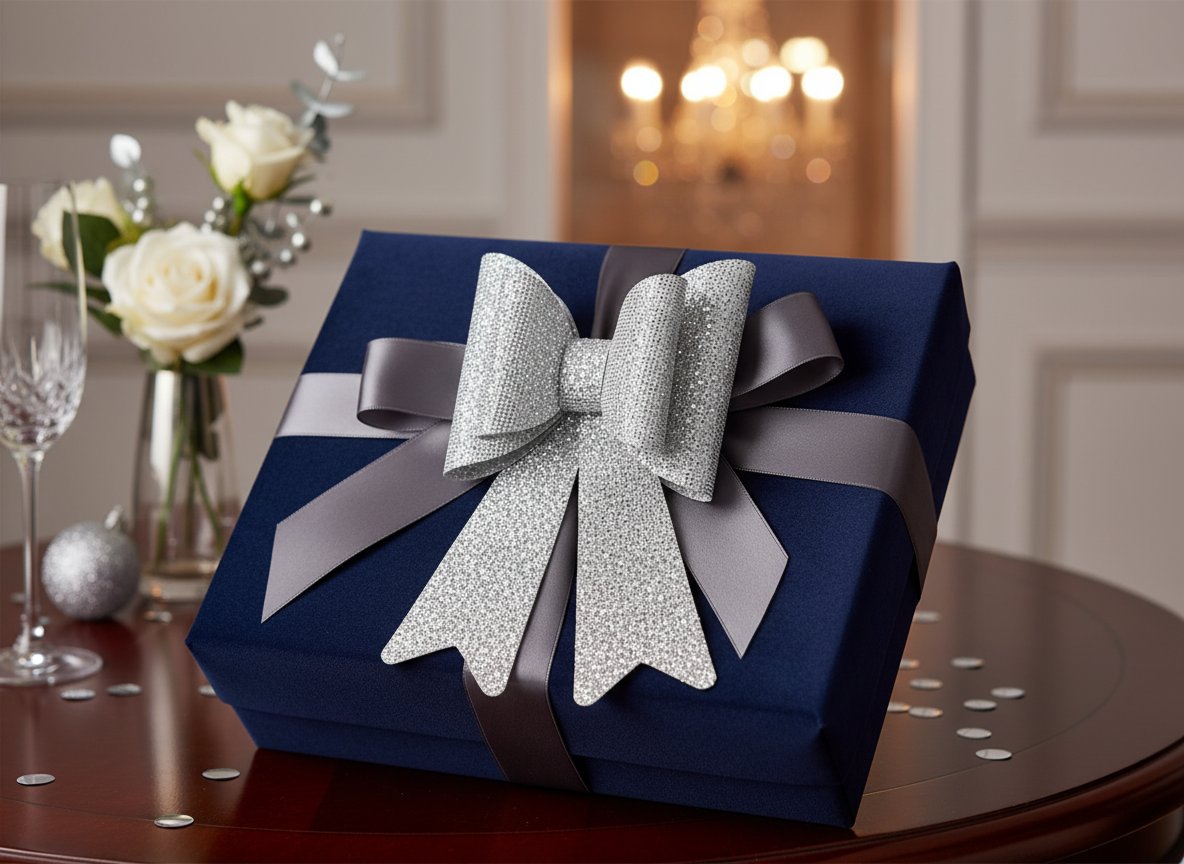 Doppio Fiocco Glitterato a Quadretti 24 cm Silver Decorazione Natalizia Elegante