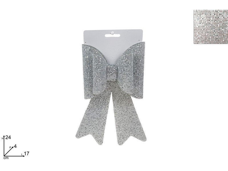 Doppio Fiocco Glitterato a Quadretti 24 cm Silver Decorazione Natalizia Elegante